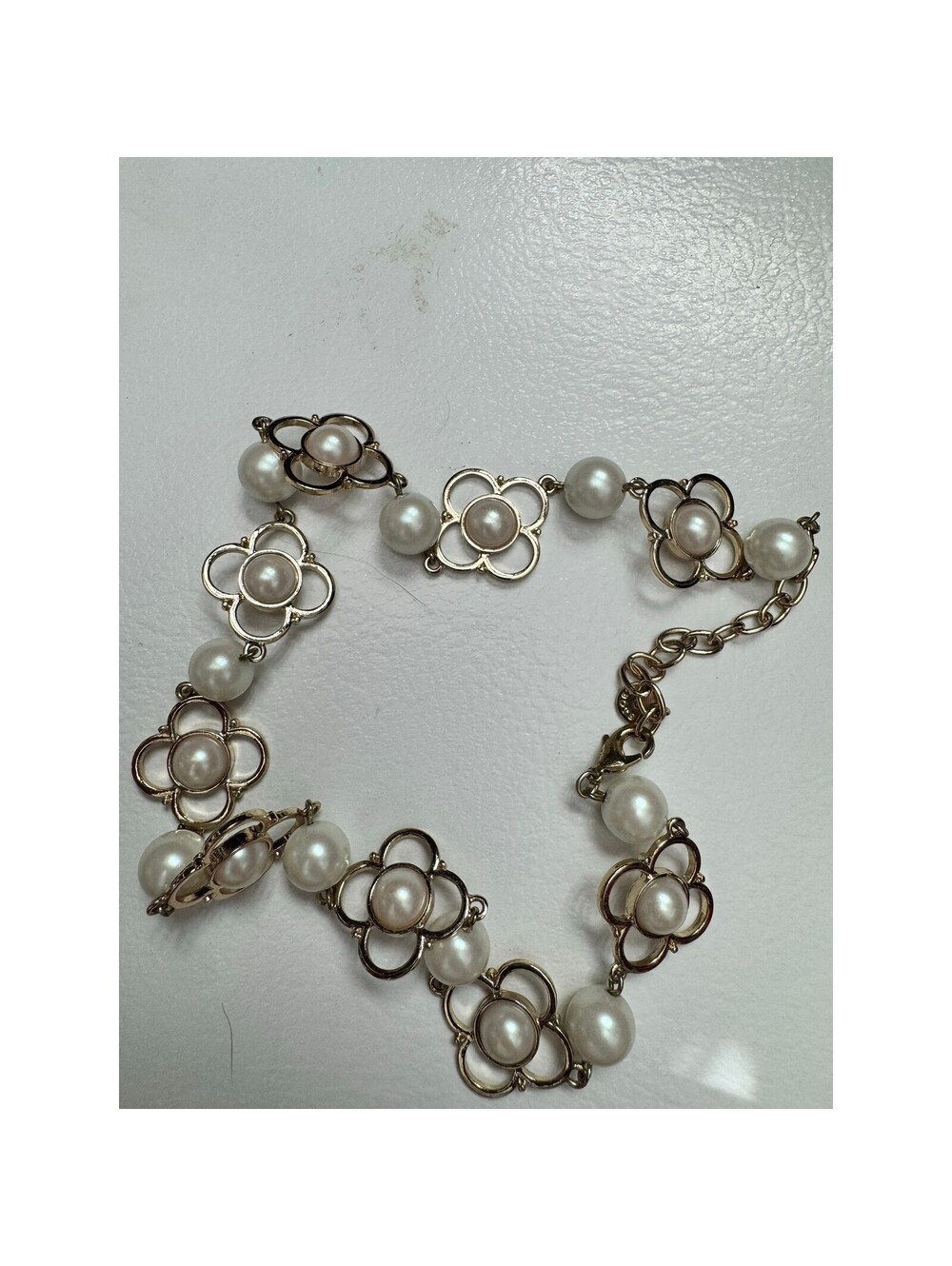 Gold Tone Faux Pearl Floral Quatrefoil Link Statement Necklace Adjustable Length